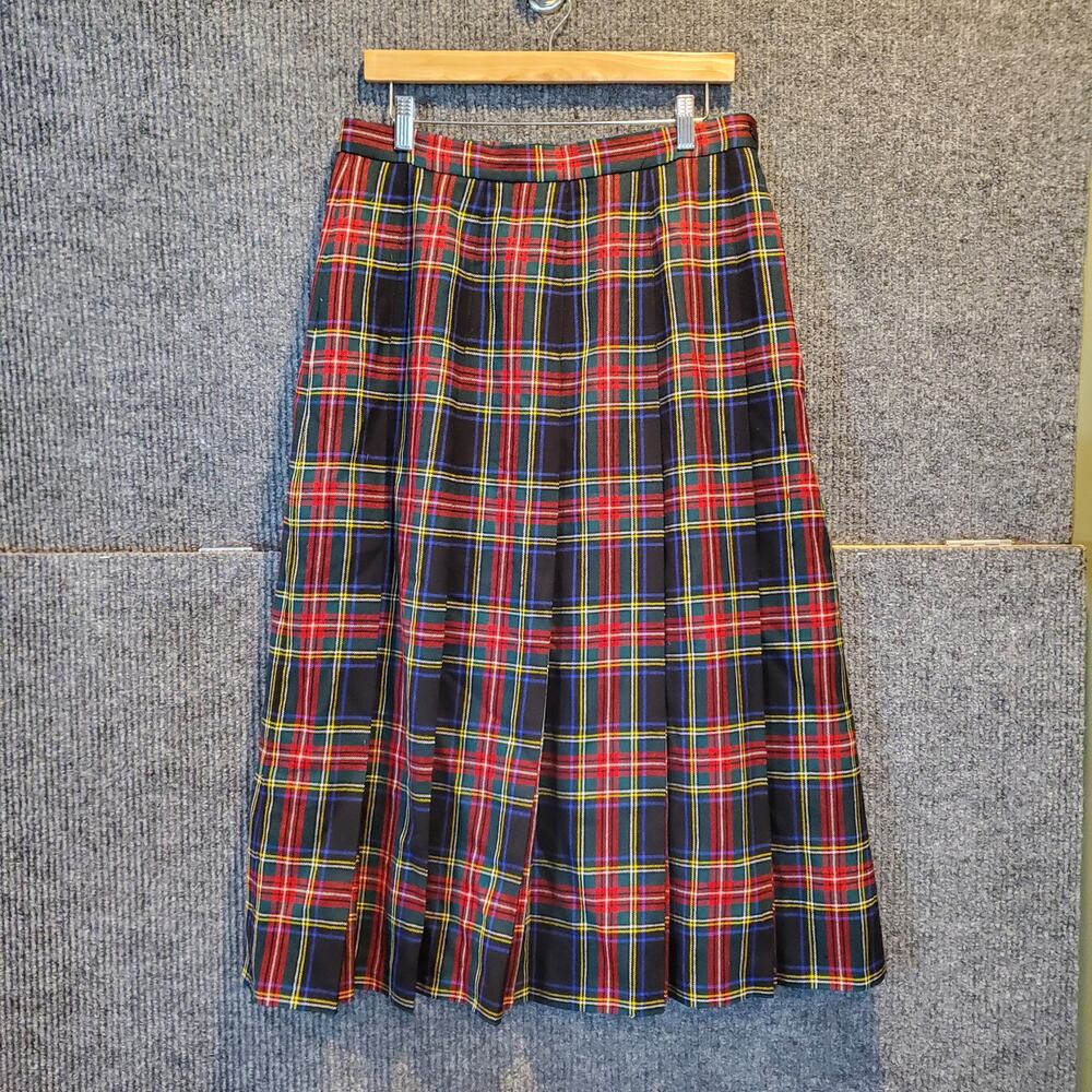 Vintage Viyella Wool Plaid Skirt Pleated Tartan Red Green UK 16
